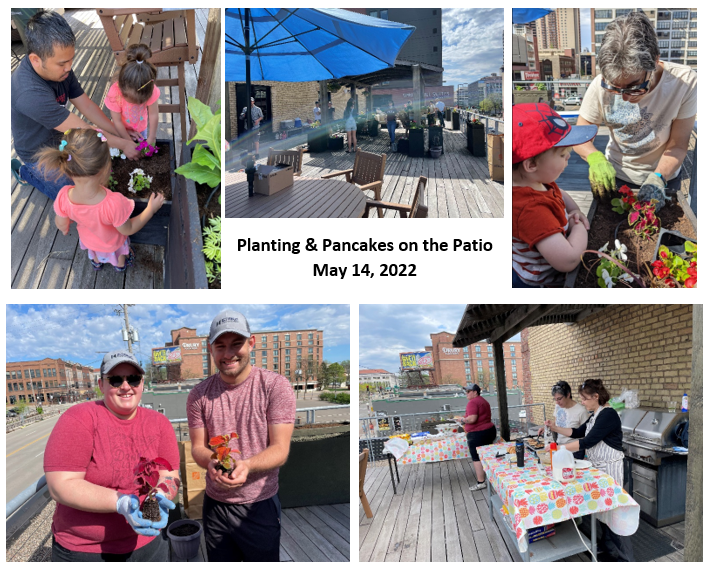 Image collage of people planting flowers and making pancakes on the Terrace